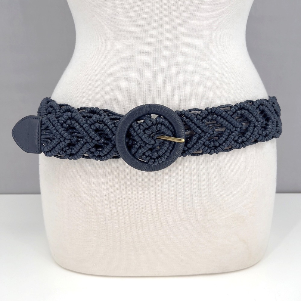 Womens L Macrame Woven Belt Navy Blue Round Buckle Boho Nautical Statement